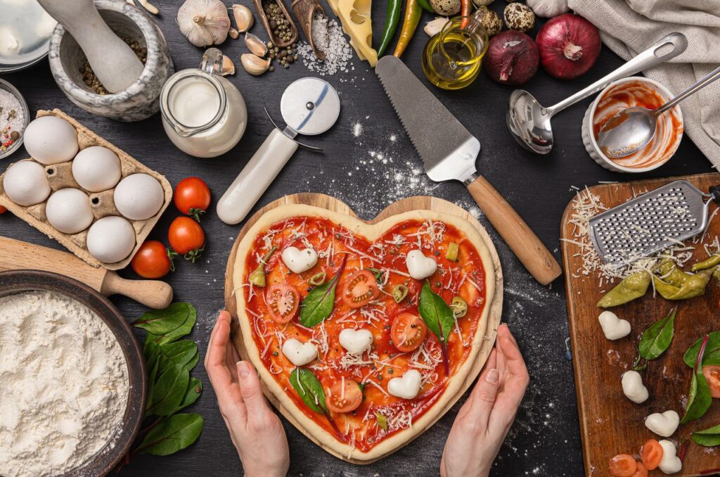 Pizza in the shape of a heart to celebrate Valentines day.