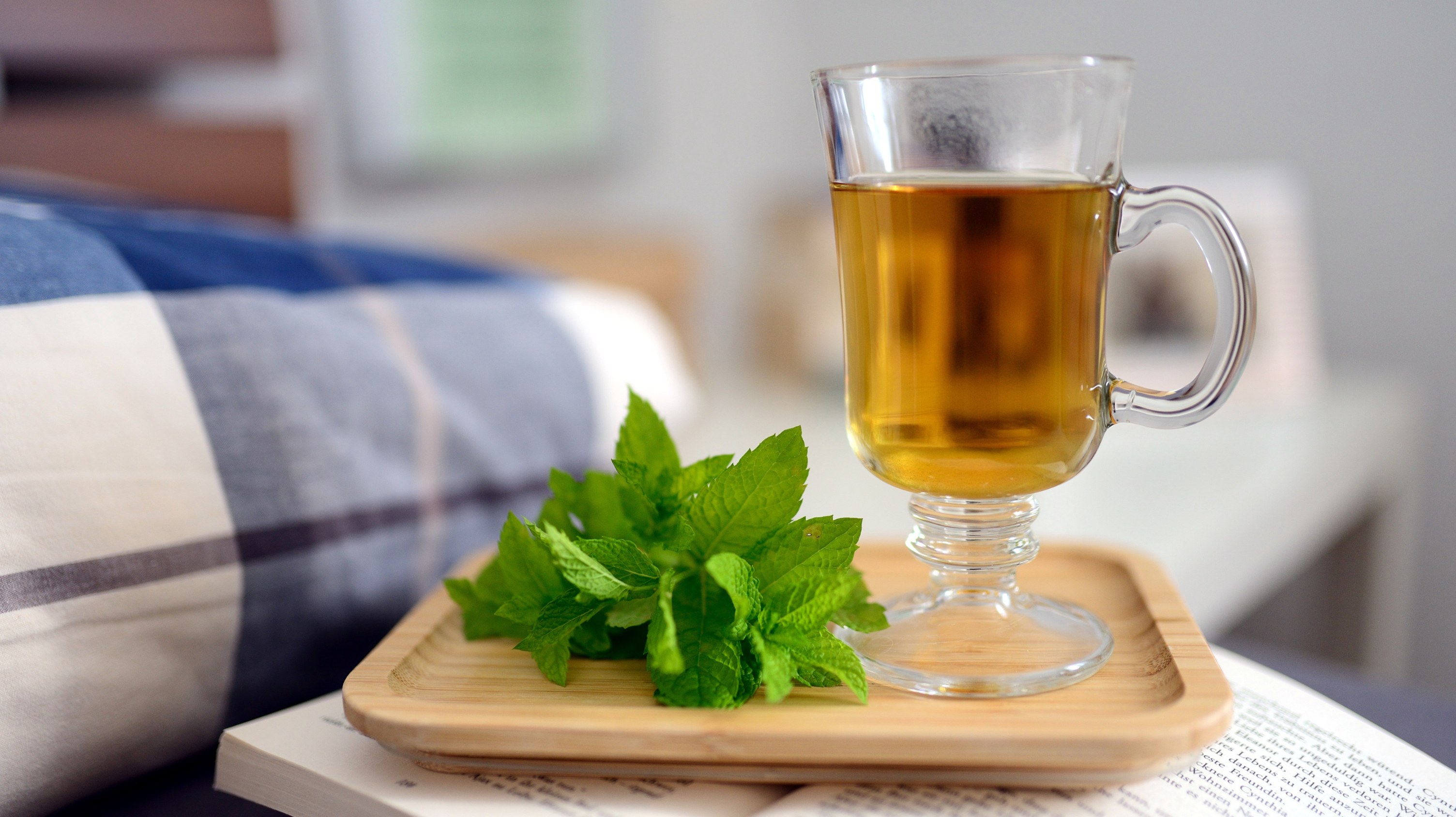 A small wooden tray holding mint leaves and a glass mug of peppermint tea, laid on top of a book. Excellent for stress reduction and perimenopause and headaches.
