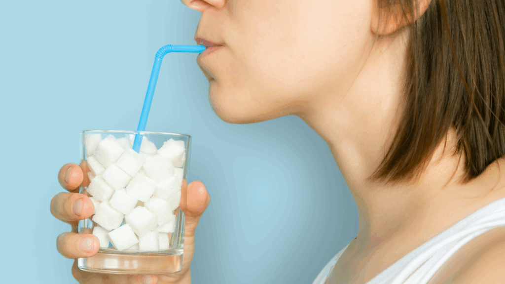 A woman drinking from a straw in a glass full of sugar cubes, demonstrating that sugar and artificial sweeteners are the worst foods for perimenopause