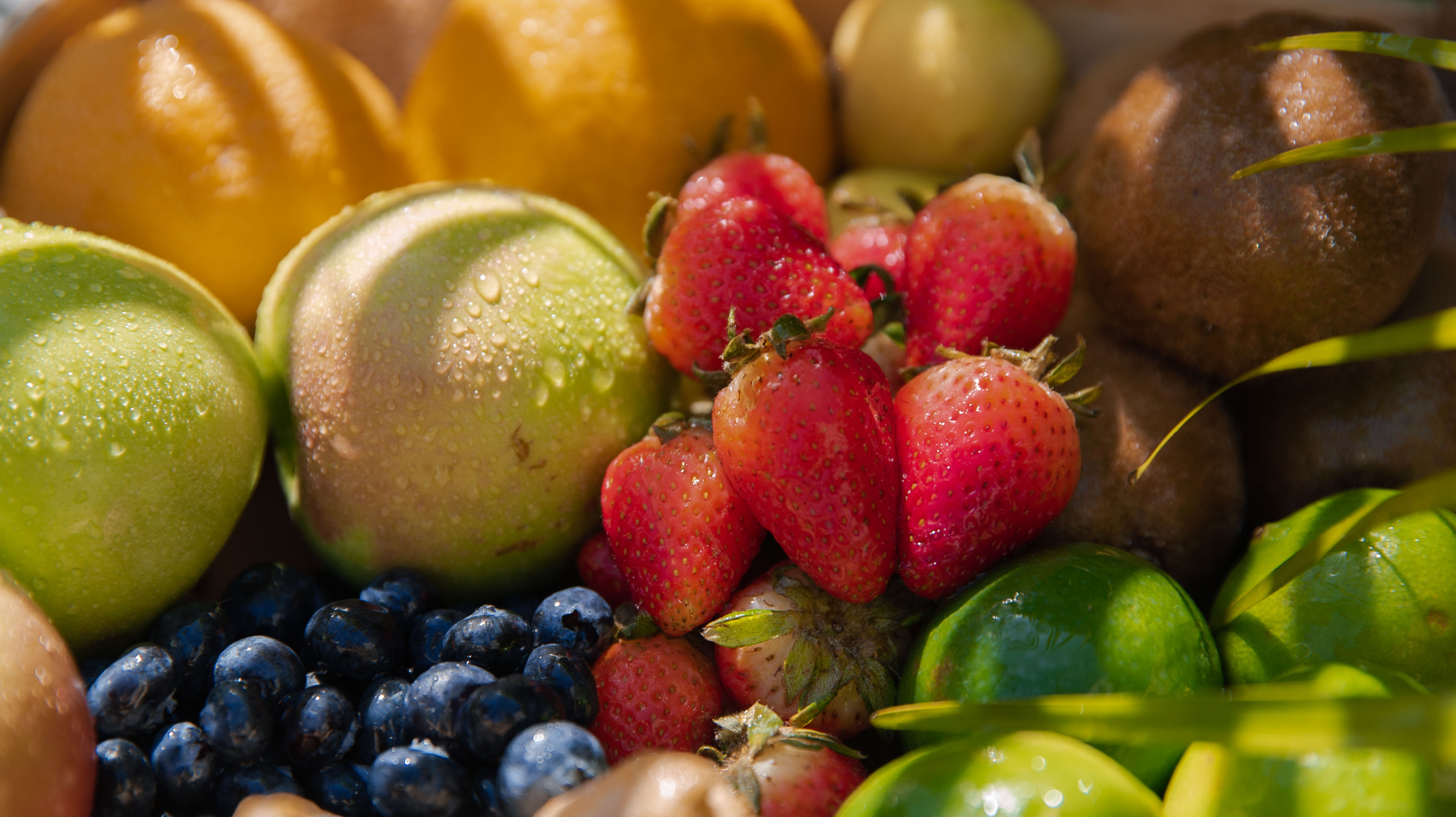 A range of hydrating fruits to fight against perimenopause itchy skin - including strawberries, blueberries, lime, lemon and kiwis.