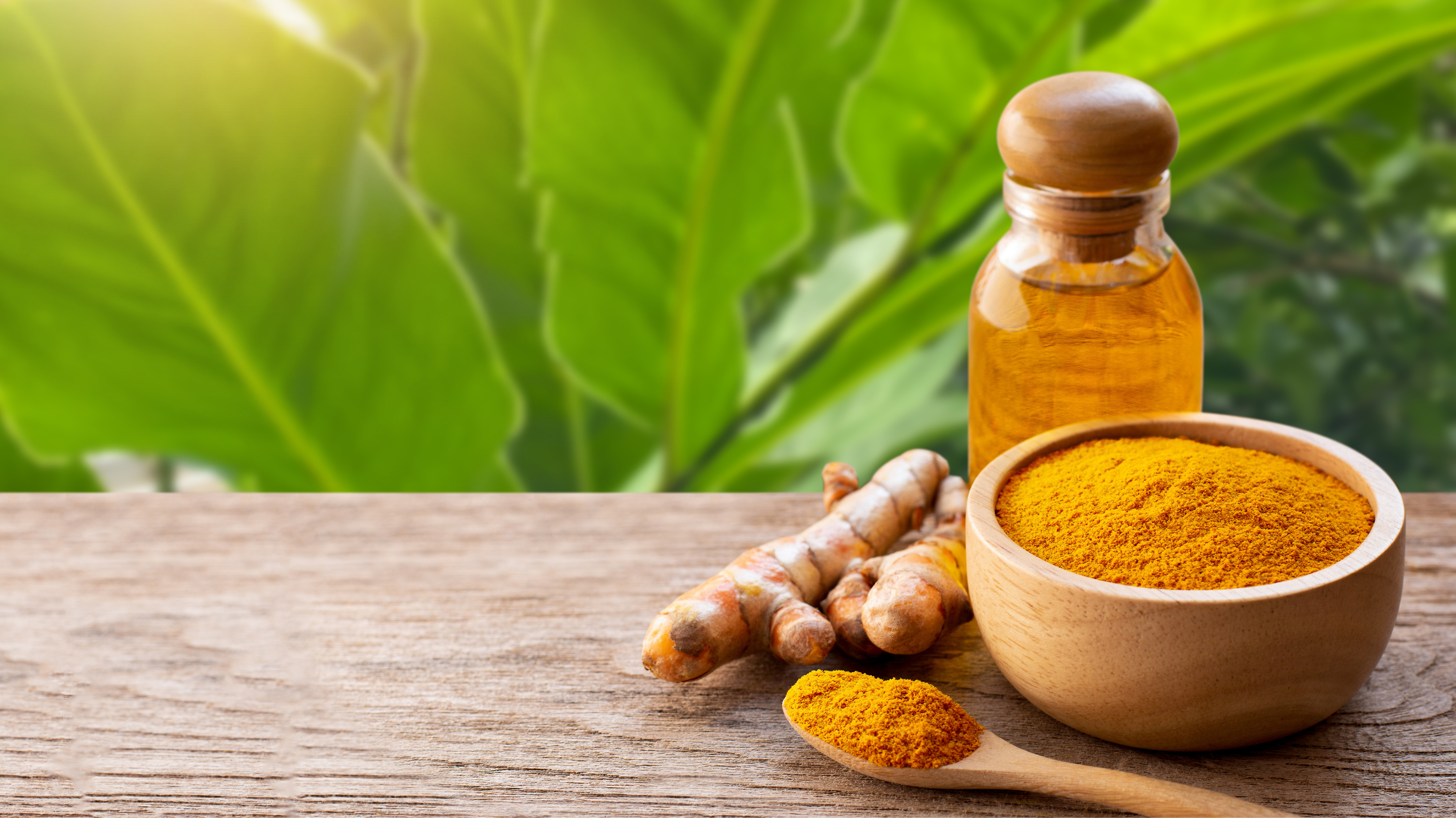 Turmeric - ground, in liquid form and in plant form on a table. The base ingredient for supplements for joint pain.