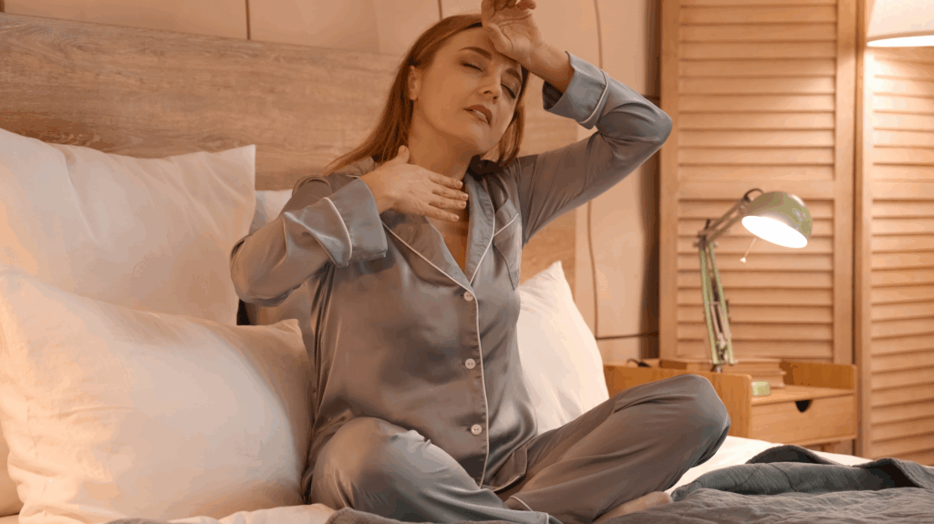 Woman in her mid 30’s struggling with hot flashes in premature menopause, wearing silk grey pyjamas on a bed and fanning herself through the heat